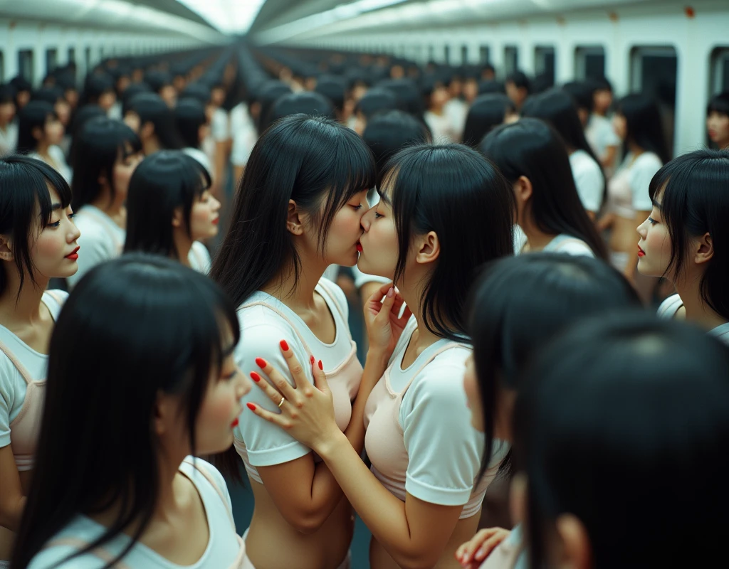 (Japanese Clone-girls=Myself), (Super Best masterpiece Clone-girls Raw Photography Art), (16K, Highest quality, Ultra-high resolution, RAW Photos), (It&#39;s so unrealistic., With unparalleled depiction, With an unfathomable sight, An unprecedented and shocking worldview, Clone-girls: In a world of mass reproduction, Ultra-realistic depiction), (Japanese Girls, Hamabe-Minami, 18yo), (Small face, Thick black hair, long hair, Dark Eyes, Mature face, Cute Smile, Smiling face, A gentle gaze), (Very pleasant look), (Very beautiful and detailed girl, Accurate body structure, Accurate body movements, Very detailed body), (Super big breasts, Large bulge of ample breasts), (high school girl, White shirt, Short skirt, hour々I can see your pants, Cleavage Emphasis, Emphasise the fullness of your breasts), (Very detailed, Myself cloning, Depiction of splitting oneself, 1Myself girl→1,000,000,000,000,000,000,000,000,000,000Myself cloning girls), (Myself clone girlsは, With the same perfect appearance, to multiply in large numbers), (Very detailed depiction, Myself&#39;s multiplying female body, In the same female body,With the same face, With the same hairstyle, In the same clothes, At the same height, 同じSuper big breastsで, A completely indistinguishable female body, 1,000,000,000,000,000,000,000,000,000,000 people), (Myself girls only), (1,000,000,000,000,000,000,000,000,000,000Myself girls), In a crowded train, Amazing super close contact, Packed, Myself in the crowd, Physical contact, hug, Chest to Chest, kiss, Happy smile, No front shot