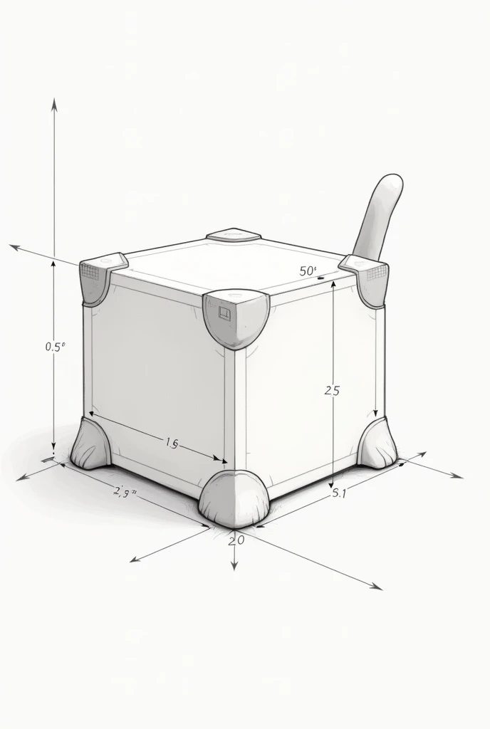 cube with references to a cat but in technical drawing