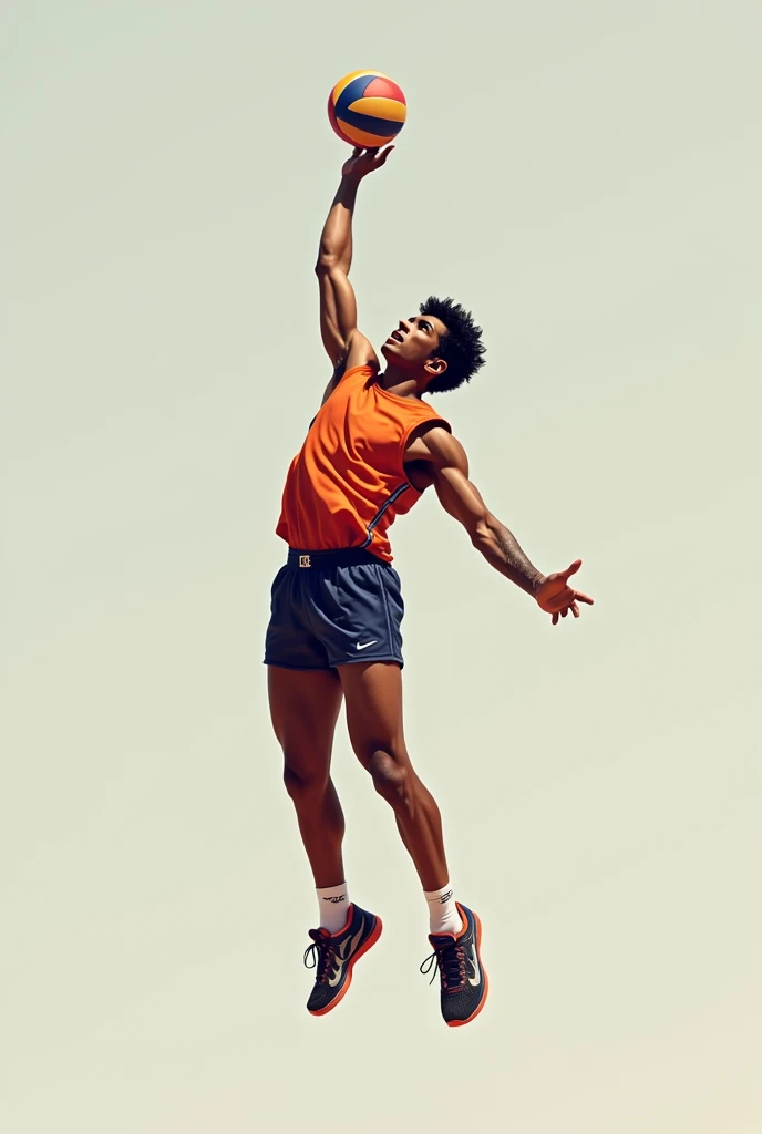 front view, a male volleyball player of indian descent rises high for a surve , he determination evident as he reaches for the ball --ar 2:3 --style jersy and shoes have no background