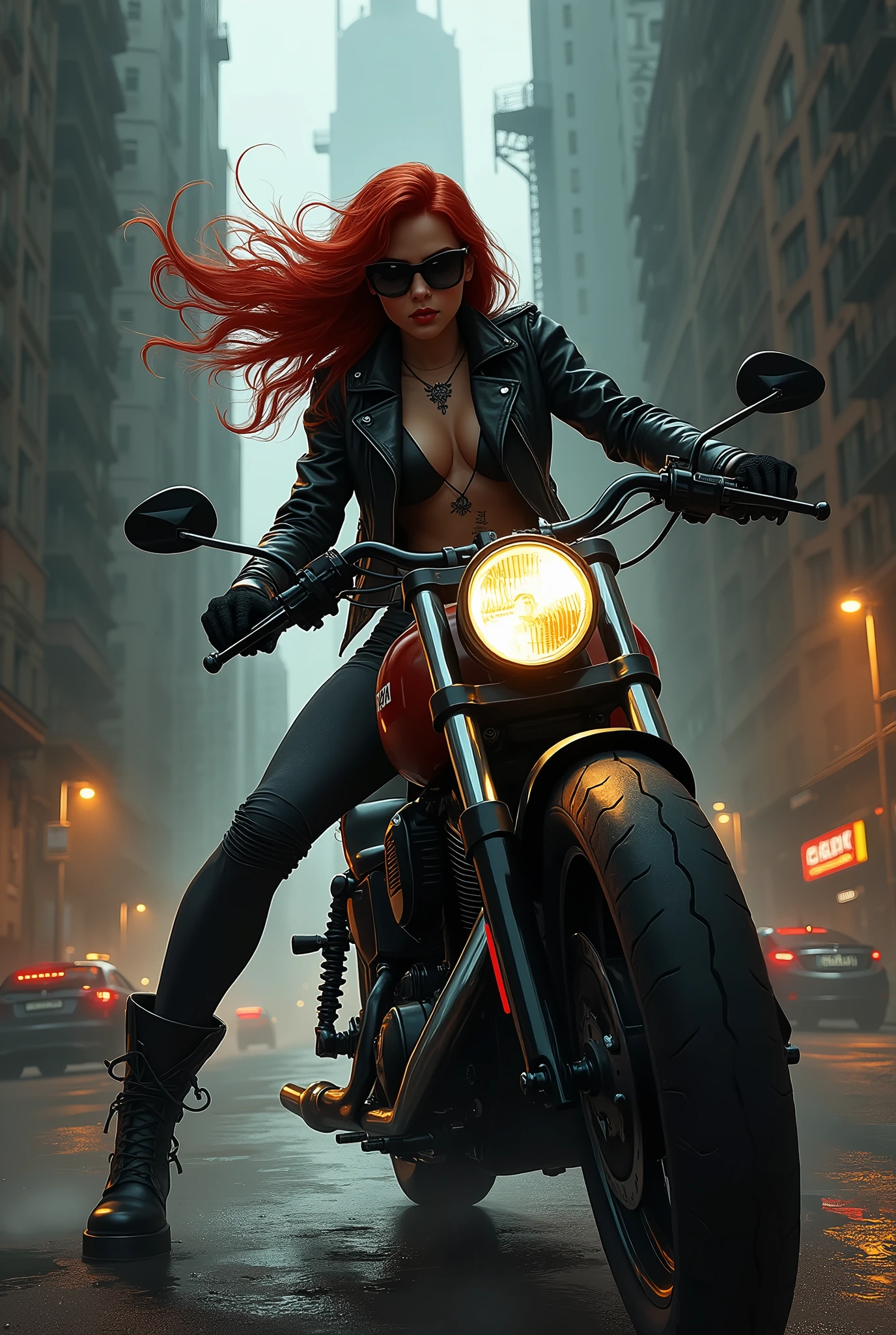 Hard Locker、Heavy Metal、Gangster Girl、Bad Friend、Get on a bike、Leather jacket、Dark grey tight denim、Hard Leather Boots、Long legs、Red Hair、Armed、Dispute、Dark big city street、sunglasses、Tattoo