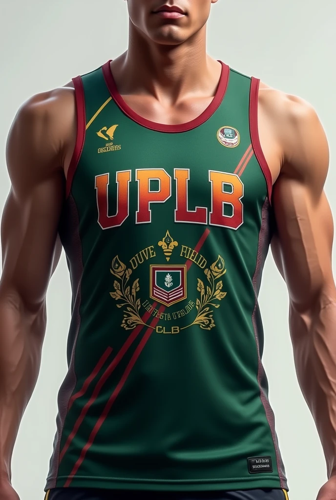 create a track and field jersey that has the letters UPLB with the main color as dark green and maroon, make it sleeveless and put symbols that represents track and field in it