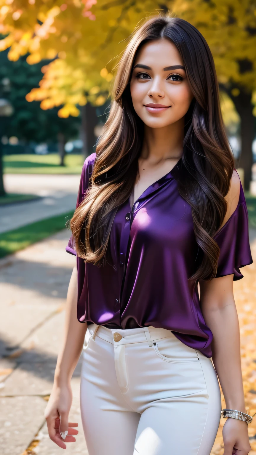 Realistic full body photo of a smiling, Young brunette woman with long hair, She dances in front of the camera in a purple silk blouse with tight white pants...., Park,glamour fotoshooting, Park, perfect anatomy, perfect brown eyes. Perfect hands with 5 fingers on each hand, Matching girl, looking at the camera, 1 Frau. (Eye make up:1.1), (highly detailed skin:1.1), spirit, analog style, keen focus, 8K UHD, dslr, good quality, Fujifilm XT3, Grain, Award-winning, masterpiece. Park