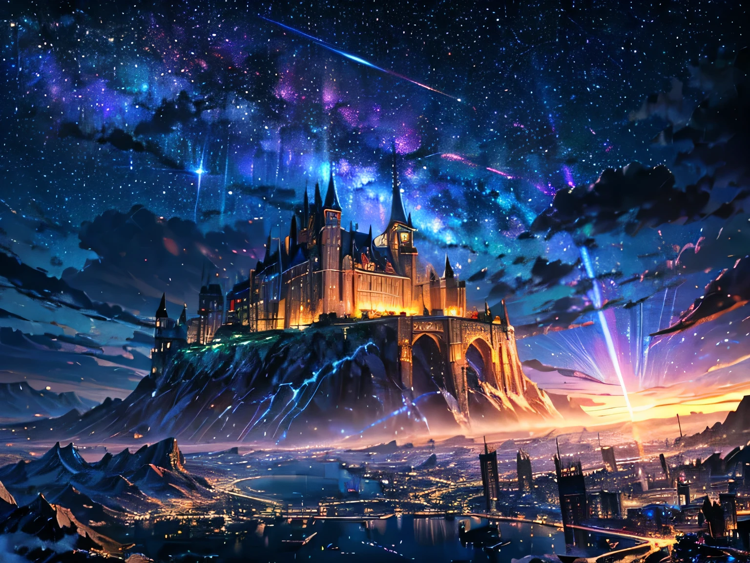 (8k, best quality, masterpiece, Final fantasy style: 1.2), (unrealistic, Reality: 1.37), Dreamy Landscape, fantasy, Unrealistic scenery, Very detailed, Flying medieval castle, Floating island in the air, Seven colors light vortex, (Meteorのgentlemen.A shiny long-tailed bird flying in the sky:1.3), Aurora, Strong lightning, Milky Way, Complex lighting, gentlemen.々Colored Light, Great Lake, Starry sky reflected in the lake, Countless shining stars, Meteor, 许多Meteor, Halation, (A beam of light emanated from the ground:1,2), Complex sentences gentlemen.Magic Circle