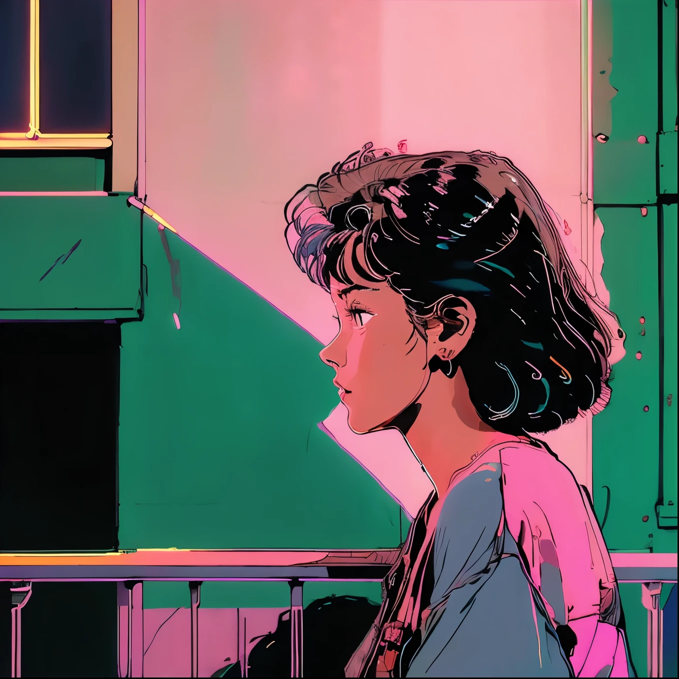 Japanese,apartment,night,Balcony,night景,(profile:1.5),pastel colour,neon,Realistic Lighting,(various poses:1.4),neon_outlines