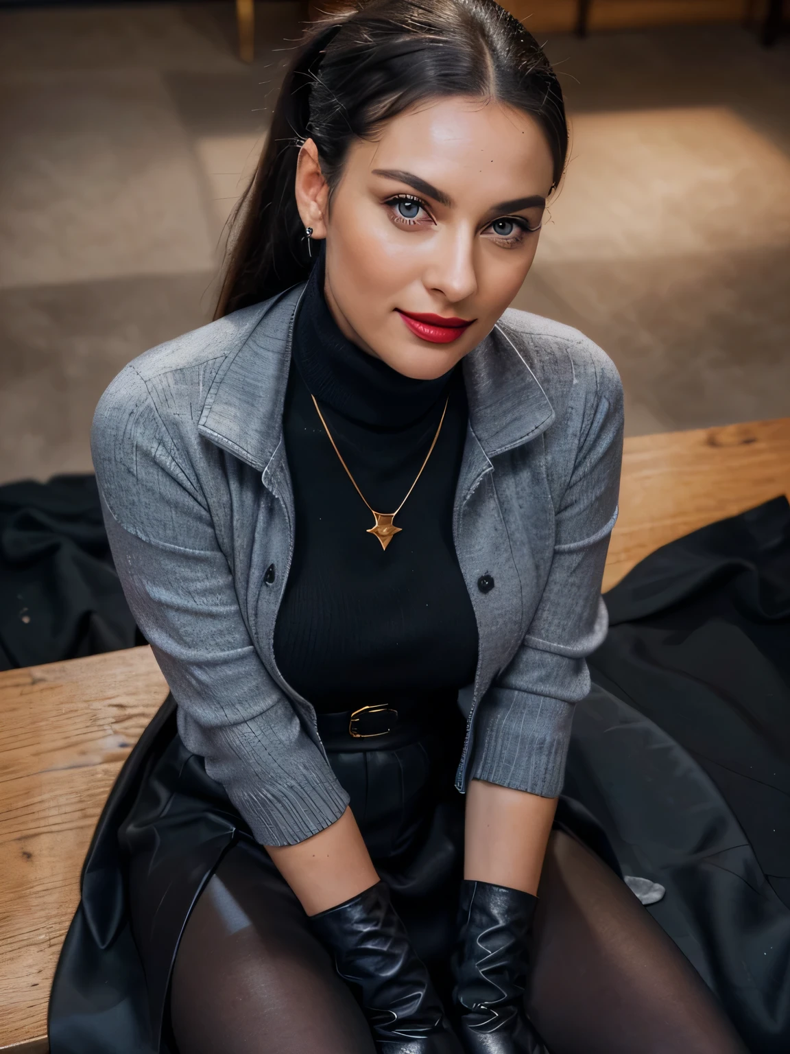 photo of a completly clothed prime minister of parliament woman with a smile sitting on her desk legs open ( no nudity) ,waitin for the man she loves , monica bellucci at 32 , ((incredibly clear clear blue eyes )) (( flirting with the camera)) (( smart smiling  lookin at the camera)) (( red lipstick)) (( Monica is dressed with a blue  tellier  jacket blue turtleneck sweater , gold chain, and a very large covering all her legs black cotton long maxi-skirt(black long maxi-skirt:1.2 )) (( black soft stiletto high knee Leather boots )) (( black ponytail hair)) (( she is wearing his favorite vintage grey silk gloves )) (( she is sensually caressing her black boots)) (( the photo is from up front worms eyes view )) 4k 8k ultradetailed, kodak print, detailed realistic face, 4k 8k ultradetailed, smooth images, realistic woman, detailed eyes, detailed face, detailed lips