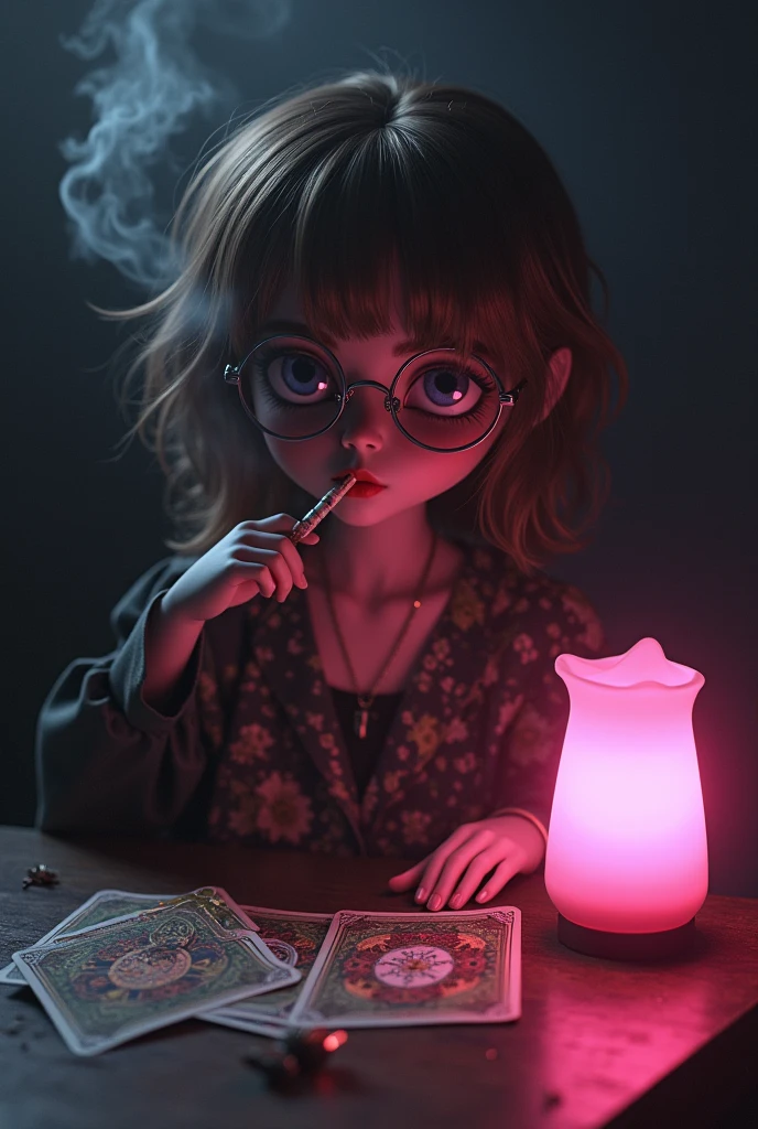 doll bartz without bangs in round glasses with brown hair, smoking and in front of her on the tarot card table. There is a dark atmosphere around. There is a pink night light on the table that makes the room pink