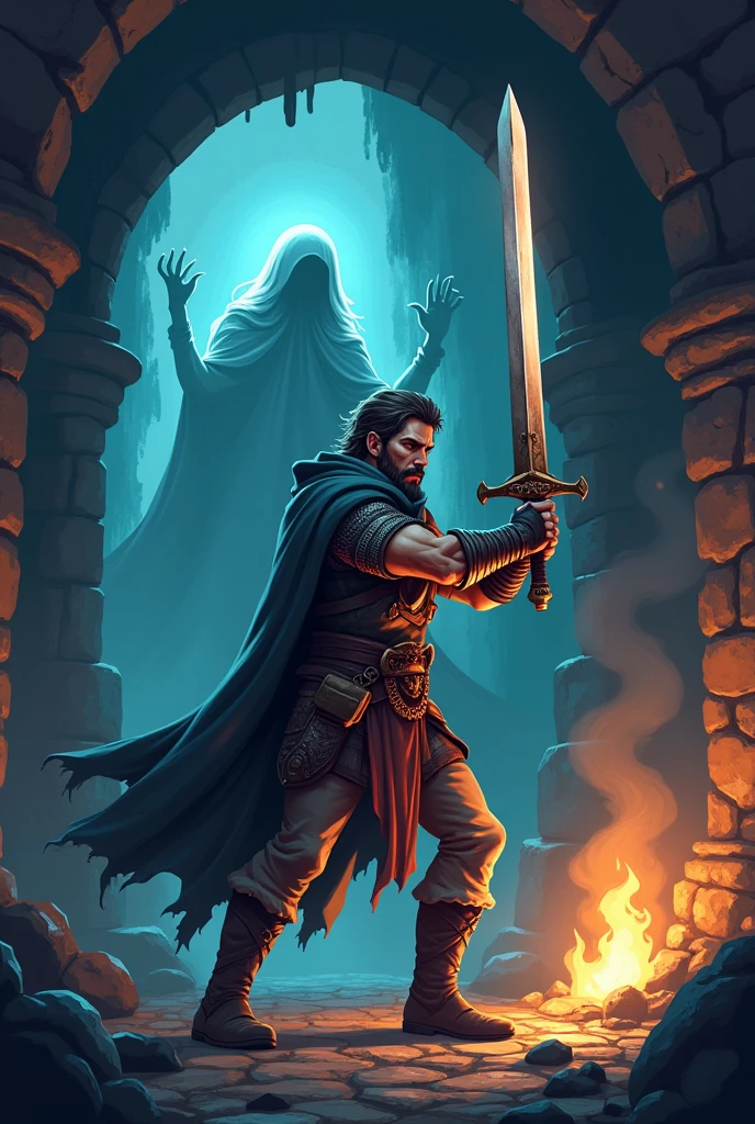 Poster of a white man, long black hair, light brown eyes, 36 years old holding a torch in his right hand, illuminating a catacomb with skeletons, spiders and bats, with the title at the top HANS' LAIR