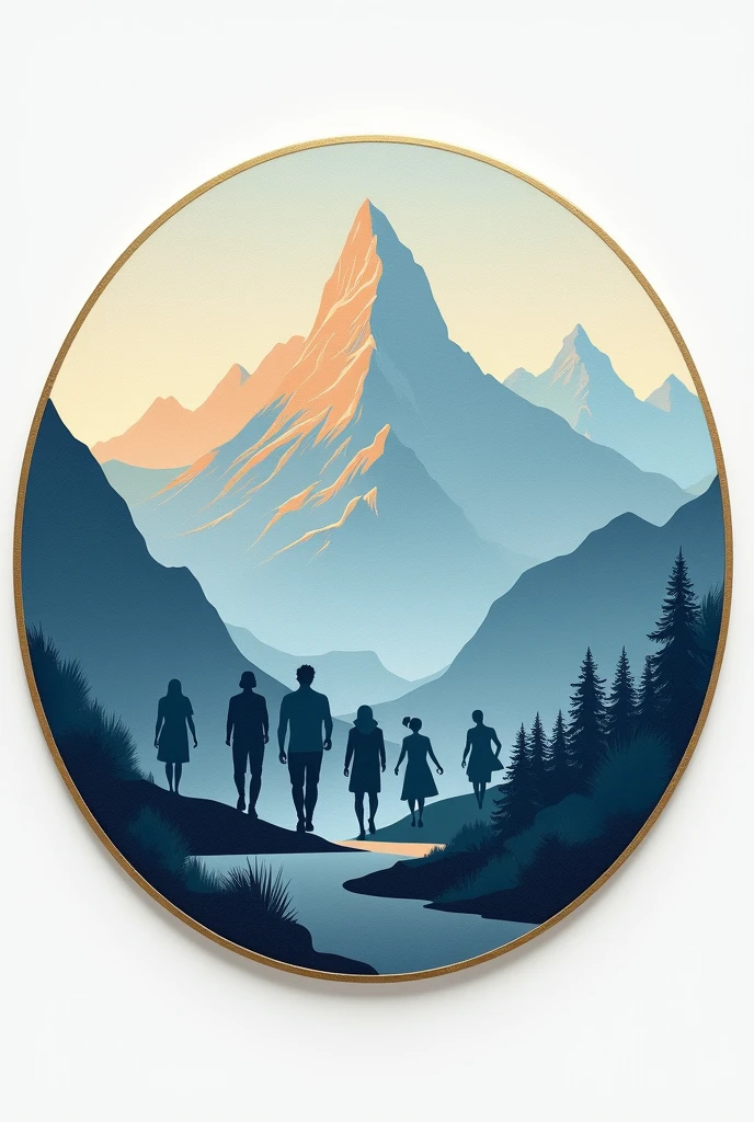 A circular badge, metallic texture, predominantly blue and gold colors, in the foreground abstract figures of six people walking towards a towering mountain, the background features majestic peaks in soft pastel hues, creating a serene and inspiring atmosphere.