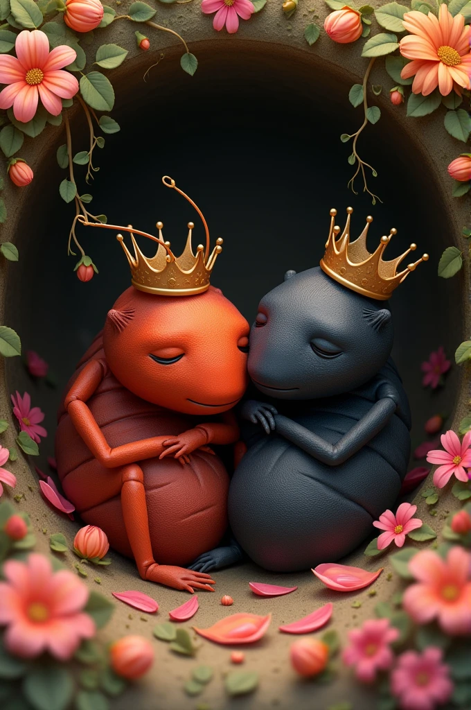 One Ant is sleeping with his partner in his hole. One ant is red. One ant is black. Bed is decorated with flowers. Both have crown on head.