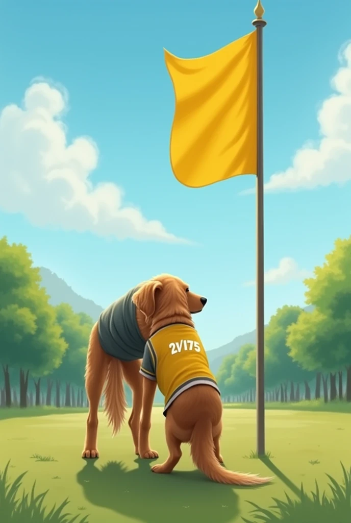 Generate a picture with dog wearing tshirt 21/175 on it bowing to yellow flag .