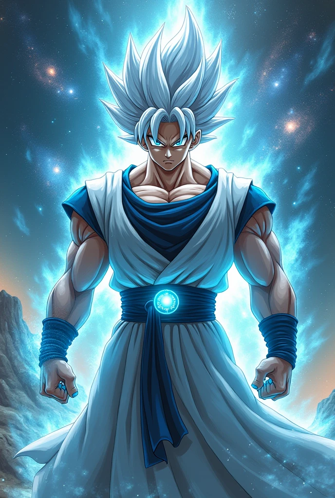 Goku as most powerful god in his ultimate form in white hair 