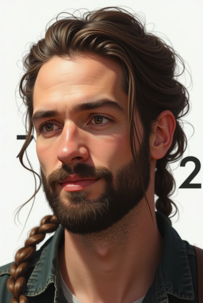 Man with patchy beard, slightly-smile, brown eyes and hair, braids in the hair and with, realistic white, with the phrase 7Uno2 behind it