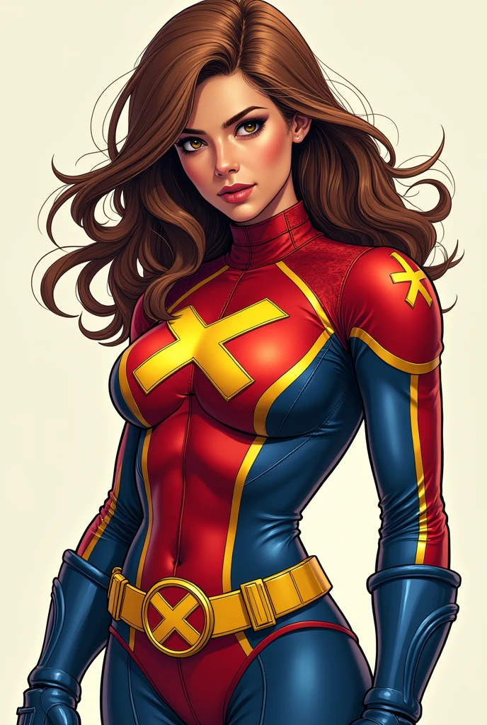 Comic style, A girl in X-Men red-blue herosuit with yellow X-Men logo on the belt with cutouts, some back parts too, the girl have brown fluffy layered long hair, brown hair, bodysuit, gloves, no sleeves,