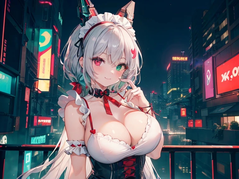 nswf,((1girl)), (masterpiece, best quality), High resolution, Very detailed,4K,8k, ((Anatomically correct number of limbs),(Anatomically correct number of fingers)), ( (seductive smile) ,(silver hair), (maid), (heterochromia,(red eye,green eye)), hairband, red ribbon,black choker, red bow)), ((big breasts),beautiful breasts,curvy),((Late Night),Cyberpunk cityscape,Vibrant neon glow), (spoken heart)