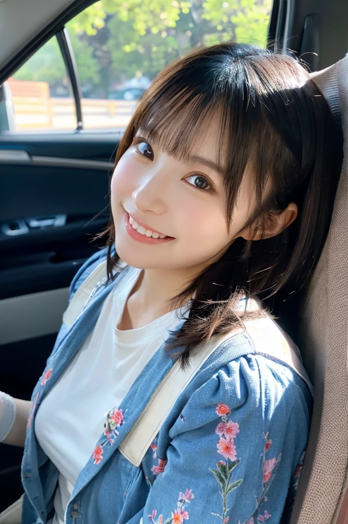 ８K、High definition、Ultra Detail、Photorealistic、Realistic and accurate depiction、Realistic and accurate human anatomy、High resolution、Highest quality、Japanese beautiful girl、masterpiece,Highest quality,Raw photo、She sits in the passenger seat of the car、Drive Date、A very cute face like an idol 、Very beautiful black hair、A refreshing smile、Cute hairstyle、Neat and cute clothes