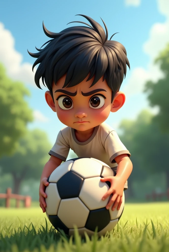 Make a boy name bhabin playing with football
With bad expression 
