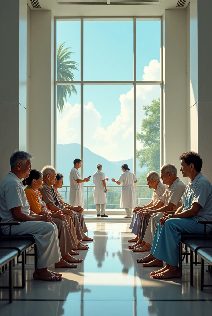 Several elderly Thai people sat waiting to receive medicine in front of a room in a large, luxurious hospital, with doctors and nurses walking around.
