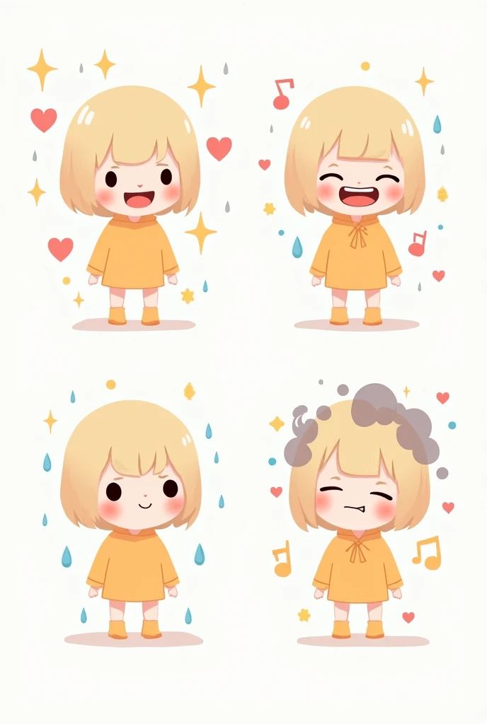 Four emotions、「happiness」「angry」「pity」「easy」of、Each one has a different expression、かわいいキャラクターのイラストof作成してください。

happiness:
目ofキラキラ輝かせ、口of大きく開けて、歯of見せて笑っている様子。
Around、キラキラと輝く星や花などof散りばめて。
暖かい黄色やオレンジof基調とした、In light shades。
angry:
眉間にシワof寄せ、目of吊り上げ、口ofへの字に曲げている様子。
On the head is、The image of smoke coming out。
赤や黒of基調とした、With strong colors。
pity:
目から涙of流し、眉ofハの字に下げ、口ofへの字に曲げている様子。
Around、雨や曇り空などof配置して。
青やグレーof基調とした、In quiet colors。
easy:
目of閉じ、口角of上げて、Smiling calmly。
Around、音easyやハートマークなどof配置して。
ピンクや紫of基調とした、With gentle colors。
The four characters are、Similar body type、Please dress uniformly。
White background、Overall, the design is simple and easy to see。
Cute illustration style、Finish in a friendly atmosphere。