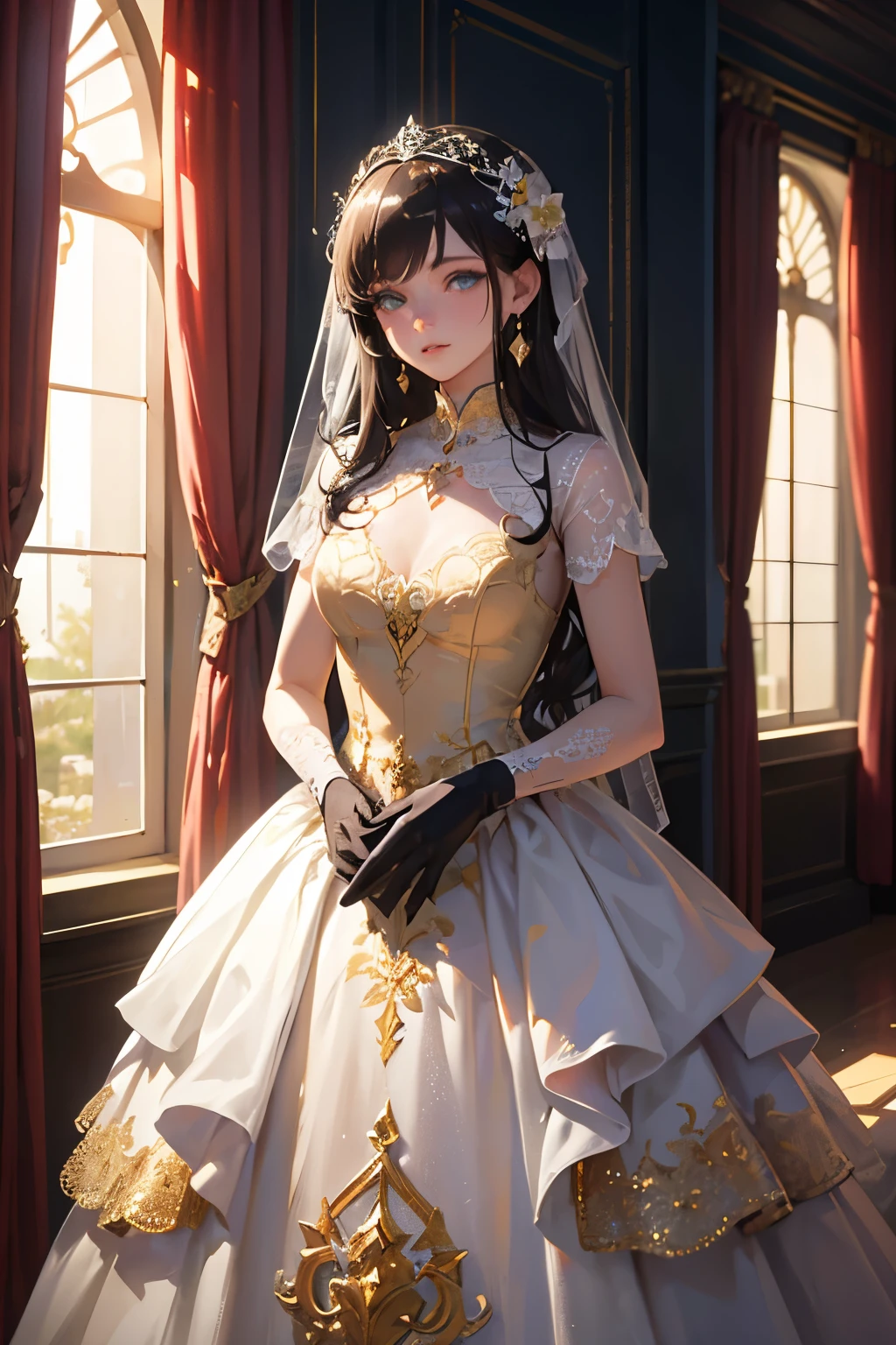 Artistic AI Art Galaxy(masterpiece:1.2, Highest quality), (Beautiful, detailed eyes: 1.2), High resolution, (Beautifully detailed face), (One girl:1.2), Blake: A figure in a red and white dress with gold trim.、Standing in front of a window with red curtains and gold ornaments。. The dress is gorgeous and sophisticated., Multi-layer structure. This character has long, flowing hair with flowers, Wearing gloves. She has a noble and delicate character.. The light coming in through the window creates a fantastic atmosphere., The curtains and windows are carefully painted.. It's a warm image.