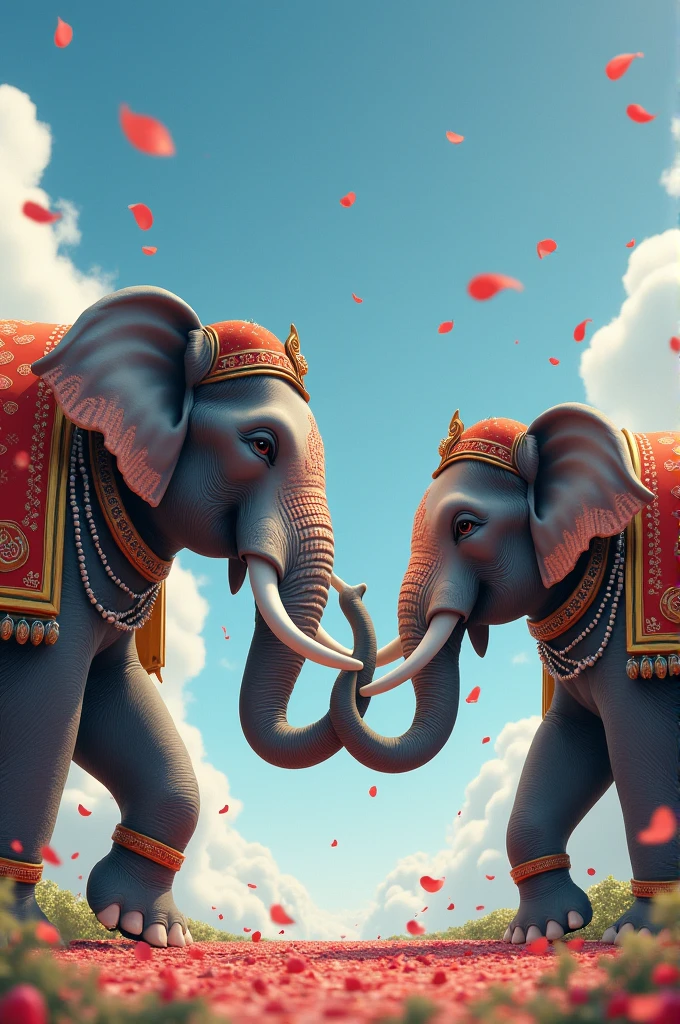Two decorated elephants making a heart with their trunks, shower of rose petals and a blue sky with white cottony clouds