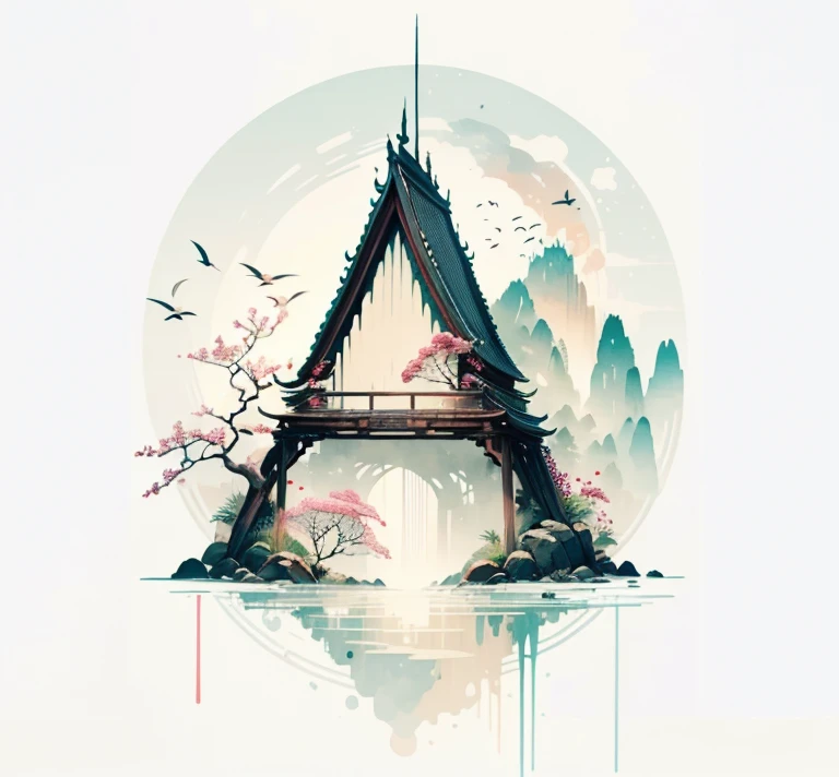 (number art,Ink and wash:1.2)，nobody, Mountains, trees, rivers，flowers，lotus flower， (Oriental elements, Chinese colors, saturated color matching),  (3d sculpture，rendering by octane，volumettic light，Natural soft light，), (super delicate:1.2, lose focus:1.2, extremely colorful, Cinematic Lighting, Chiaroscuro,Ray Tracing), Masterpiece, super rich,super detailed,8k, zulishisong_style_great_wall