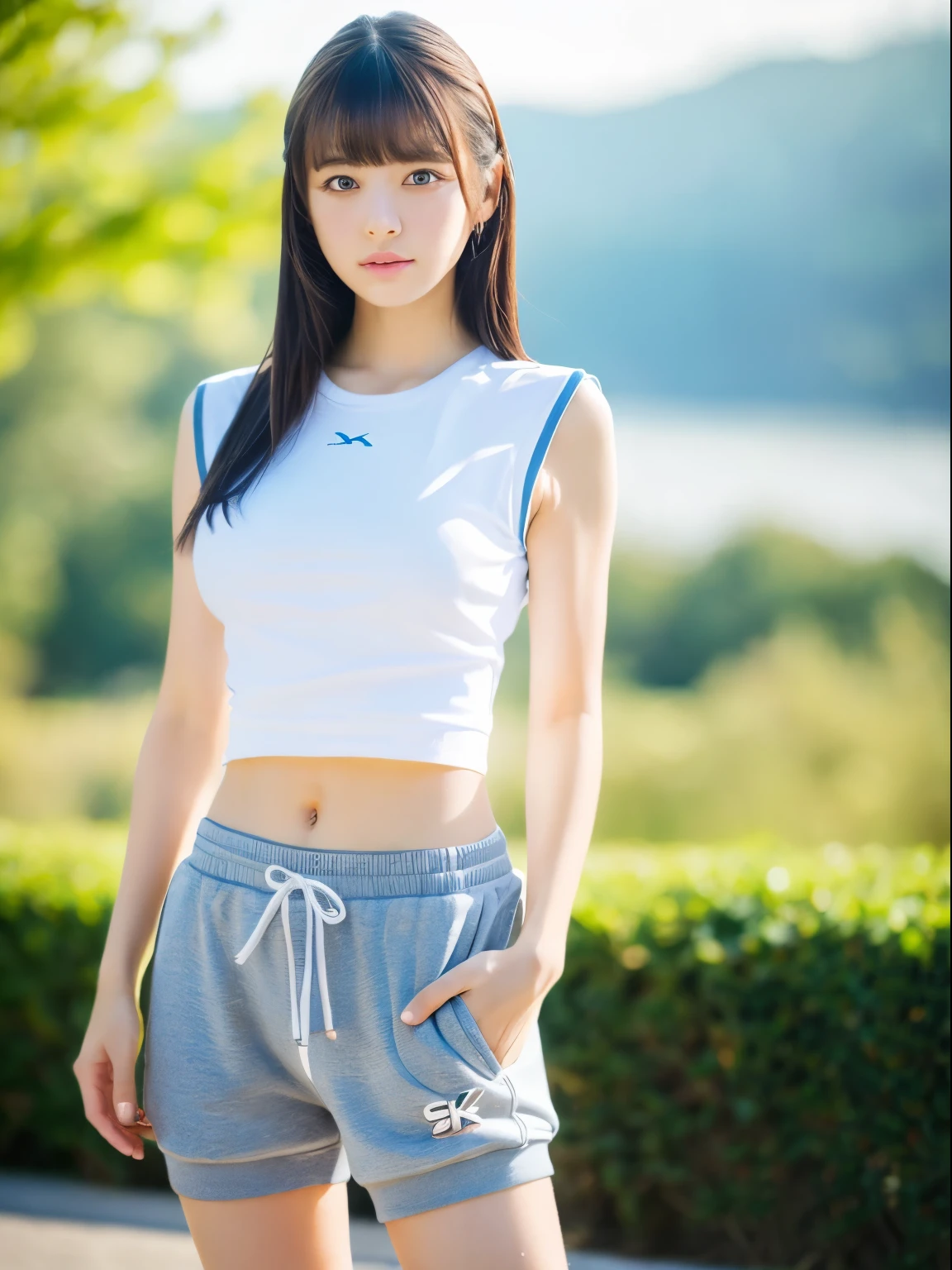 (8k, Top quality, Masterpiece:1.2), (Realistic, photo-realistic:1.37), Super detailed, perfect anatomy, cute, small eyes, 1, a Japanese, girl, sweat shorts, slim legs, outdoor,