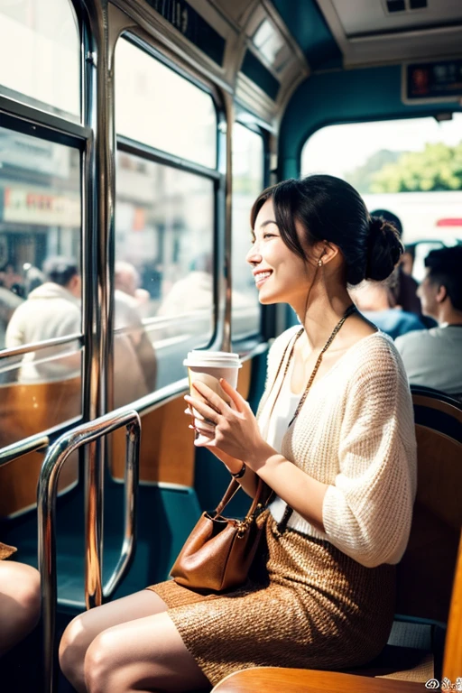 (Highest quality)、(High resolution)、(Ultra-detailed photos)、(Ultra-realistic texture)、(Illuminated subject)（8k images）（Clear Photography）（Real Photo） （Mature Japanese Woman）（Her hair was tied up in a caramel-colored chignon.）（A 40-year-old with a refined and well-proportioned face） （Her outfit is a light-colored top and a neat, chic and elegant skirt.） （Look at everyone with a refreshing and loving smile） （Men are captivated by her charms） （She is outdoors）（She poses elegantly and cutely in various locations.）（Walking through the crowds of the city）（Drinking coffee at a cafe）（Shop）（Sit on the grass in the park）Playing on the swings at the show）（sit in a train seat）（Take a seat on the bus)