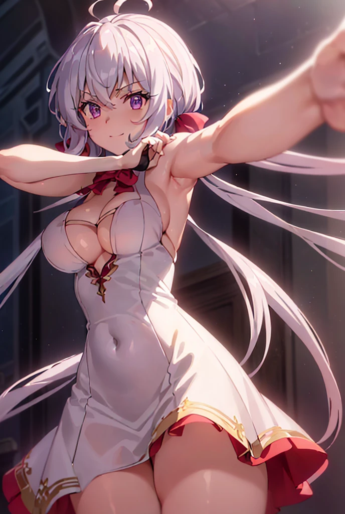 ((masterpiece)), ((Best quality)), (high resolution), (illustration), (an extremely delicate and beautiful), (ultra detailed beautiful face and eyes), nsfw, 1girl, leaning forward, YukineChris, long hair, purple eyes, twintails, low twintails, ahoge, large breasts, fishnet pantyhose, red a bow tie, volumetric lightning, detailed skin texture, detailed, volumetric shadow, anime screencap,Highest quality, Sorceress, ancient babylonian nobility, ((tan skin:1.2)), (brown skin color),Long hair, twin braids, hair ornament, wine colored hair, smile, Below average size breasts, bare shoulders, (underboob:0 Raise your legs vertically、Ready your gun?、Stretching arms forward to accentuate cleavage 8K, masterpiece, Best_quality, high_resolution, ultra_details, detailed, 1girl, 独奏, looking_at_viewer, upper_body, indoors, braid, blurry, bangs, white_hair, blurry_background, collared_shirt, church, hair_ribbon, hair_between_eyes, stained_Glass,sidelocks, depth_of_field, light_particles, window, french_braid, Alphonse Mucha Style, sharp focus, perfect hands, perfect face, perfect eyes, perfect light, dynamic light, natural light, Masterpiece, Best quality, red dress