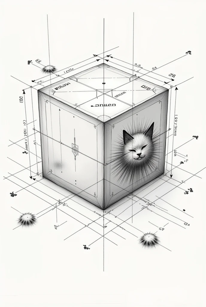 cube with solid references to a cat but in technical drawing