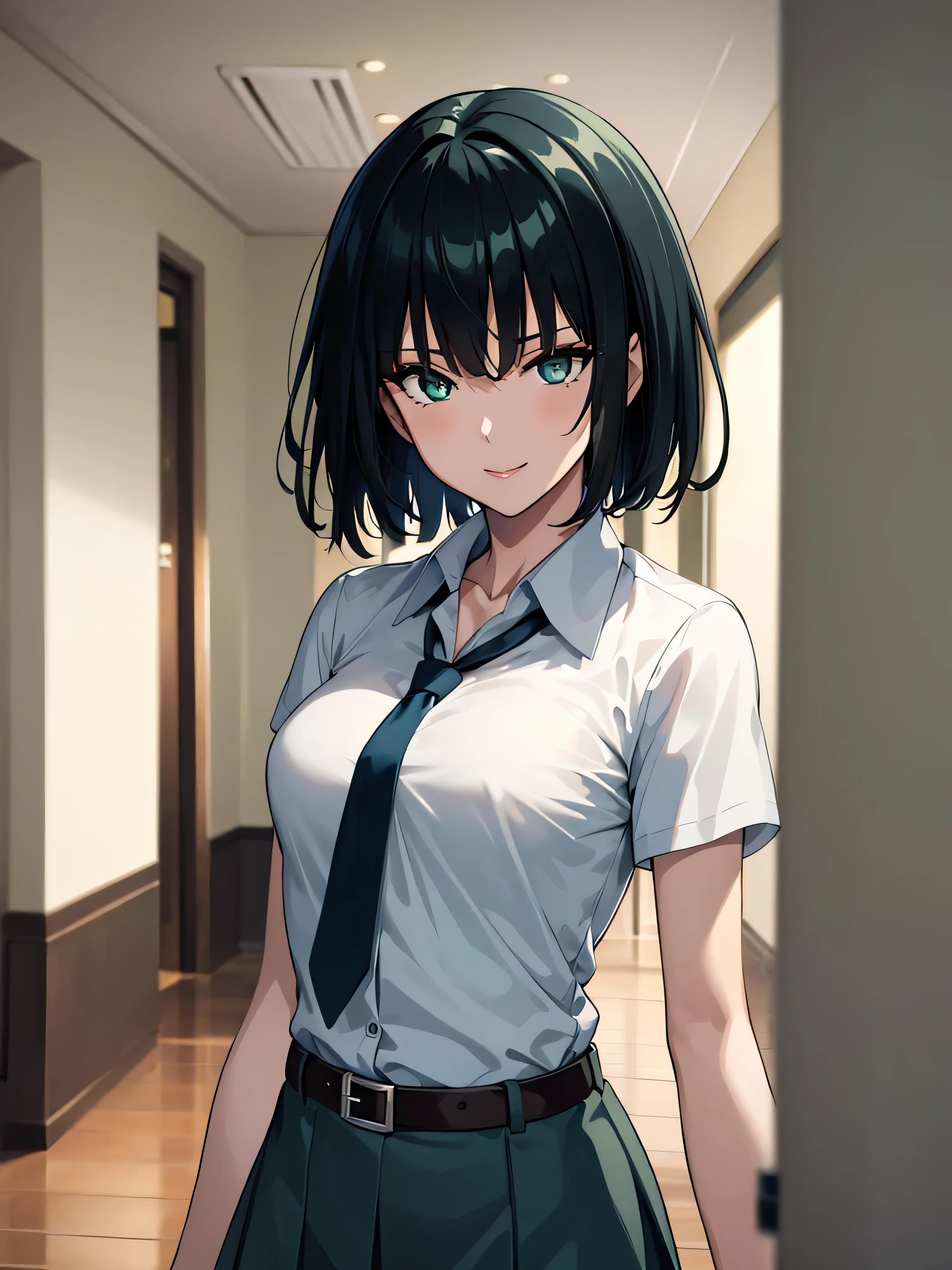 (high res, 8K, masterpiece, looking at viewer, best quality, very aesthetic, ultra detailed, ultra background, ultra Eyes) intricate details, 1girl, Fubuki, Chibi, small breast, short sleeved white shirt, Gray Blue short skirt, Pockets on the left chest, Gray Blue tie, Wearing a belt, dark green short hair, light green eyes, Smile Face, Background School Hallway, Cinematic Angle