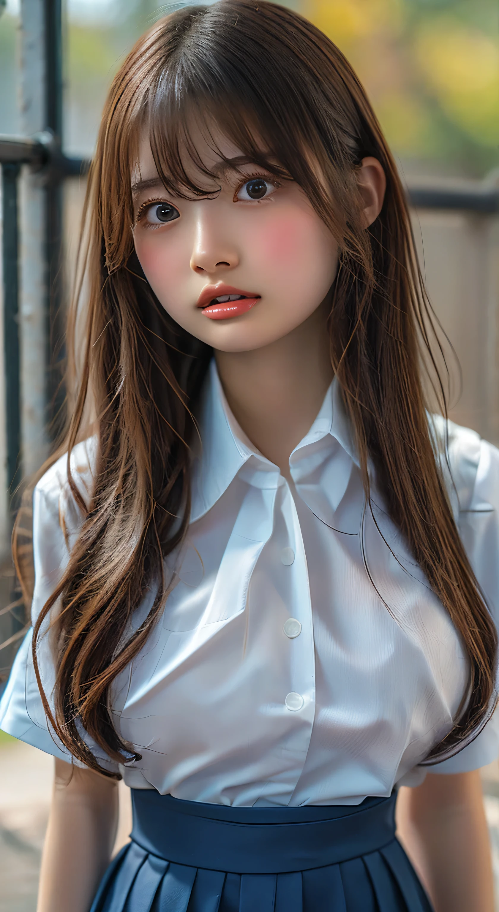 (Highest quality、Tabletop、、Best image quality、Award-winning works)、Very cute school girl、けたWhite polyester collared shirt、Short sleeve:1.4)、(Navy Pleated Skirt:1.1)、Girl portrait photography、Glowing Skin、Brown Hair、Are standing、View your audience、Sculpture Pose、(The simplest pure white background:1.1)、(Large Breasts:1.8)、Accentuate your body lines:1.1)、Very large red ribbon tie、Very long hair:1.75、((Watch violent porn videos about wanting to be raped by a primary school student))