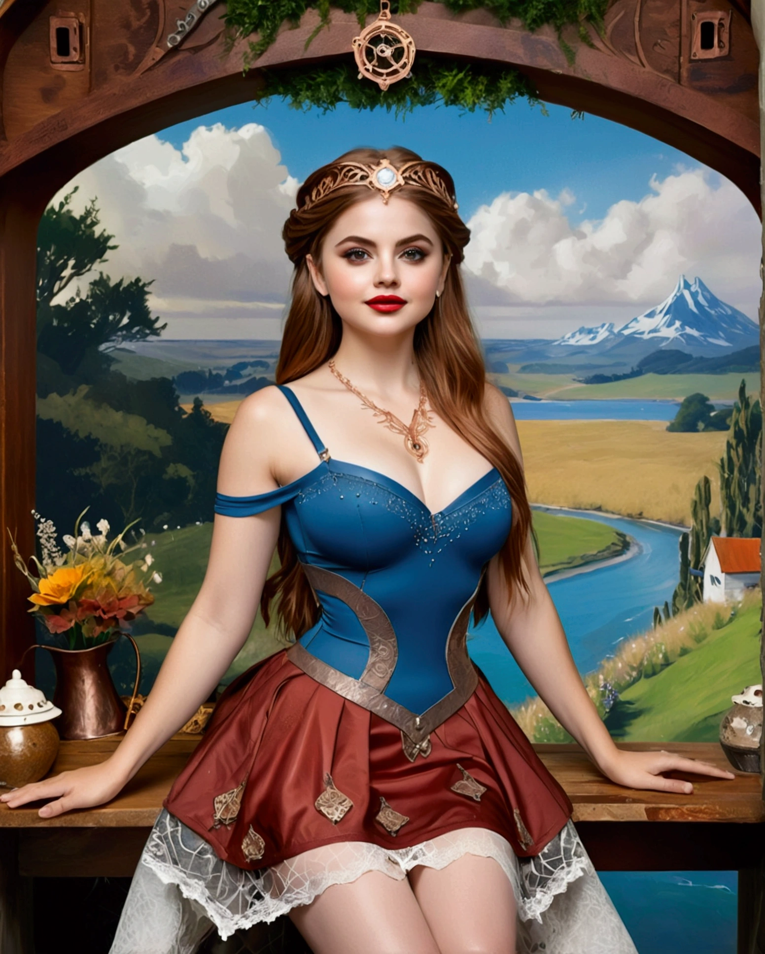 Steampunk Inspired Elven Princess. Copper Wire Necklaces & Bangles. Crown Of Fine Copper Wire. Copper Coloured Tatoos Cover Her Face And Body Intricate & Beautiful Designs. Hands On Hips. Ember Colored Eyes. Pure White Dress, Hemmed With Copper, Covered In Copper Lace & Filligree. Cppper Designs Cover The Skirt In A Kaleidoscope Of Copper Designs. Background Is Forrest. A Blend Of Ariel Winter & Alison Brie, Symmetrical Face Exudes Elegance &Grace. Cozy, Romantic Lighting. Cheerful Smile. Copper Hair That Shimmers And Sparkles In The Light. Hourglass Figure.
