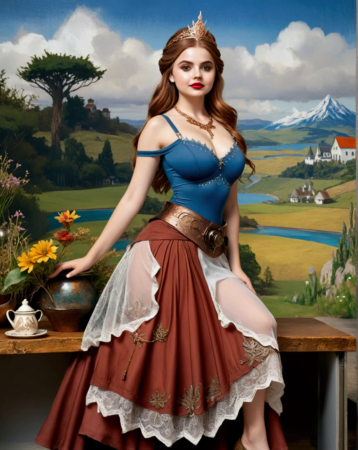 Steampunk Inspired Elven Princess. Copper Wire Necklaces & Bangles. Crown Of Fine Copper Wire. Copper Coloured Tatoos Cover Her Face And Body Intricate & Beautiful Designs. Hands On Hips. Ember Colored Eyes. Pure White Dress, Hemmed With Copper, Covered In Copper Lace & Filligree. Cppper Designs Cover The Skirt In A Kaleidoscope Of Copper Designs. Background Is Forrest. A Blend Of Ariel Winter & Alison Brie, Symmetrical Face Exudes Elegance &Grace. Cozy, Romantic Lighting. Cheerful Smile. Copper Hair That Shimmers And Sparkles In The Light. Hourglass Figure.
