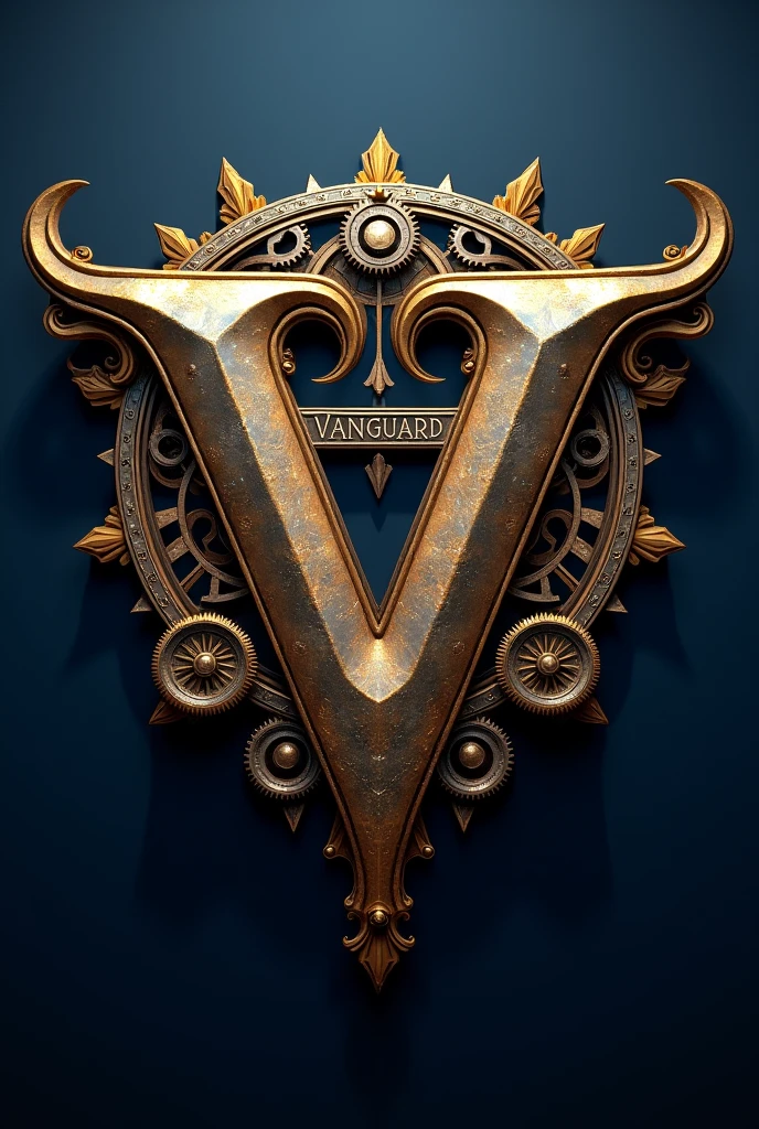 create a V logo, medieval steampunk blue with gold and with a small writing above VANGUARD above, game style medal of honor or something from world war ii.
