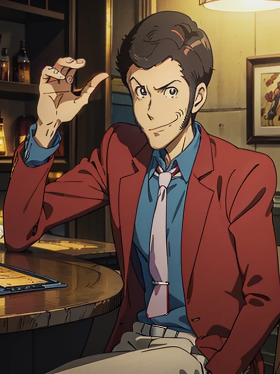 Lupin, (Red jacket, Blue shirt, yellow tie, very short hair), Close-up, Toon Shader Rendering, Natural side Lighting, ((A slightly dimly lit bar, Sit at the counter)), Slightly Smile with mouth closed, With a glass, The correct number of fingers, Nice atmosphere, Anime style illustration, ((masterpiece, best quality, high resolution))