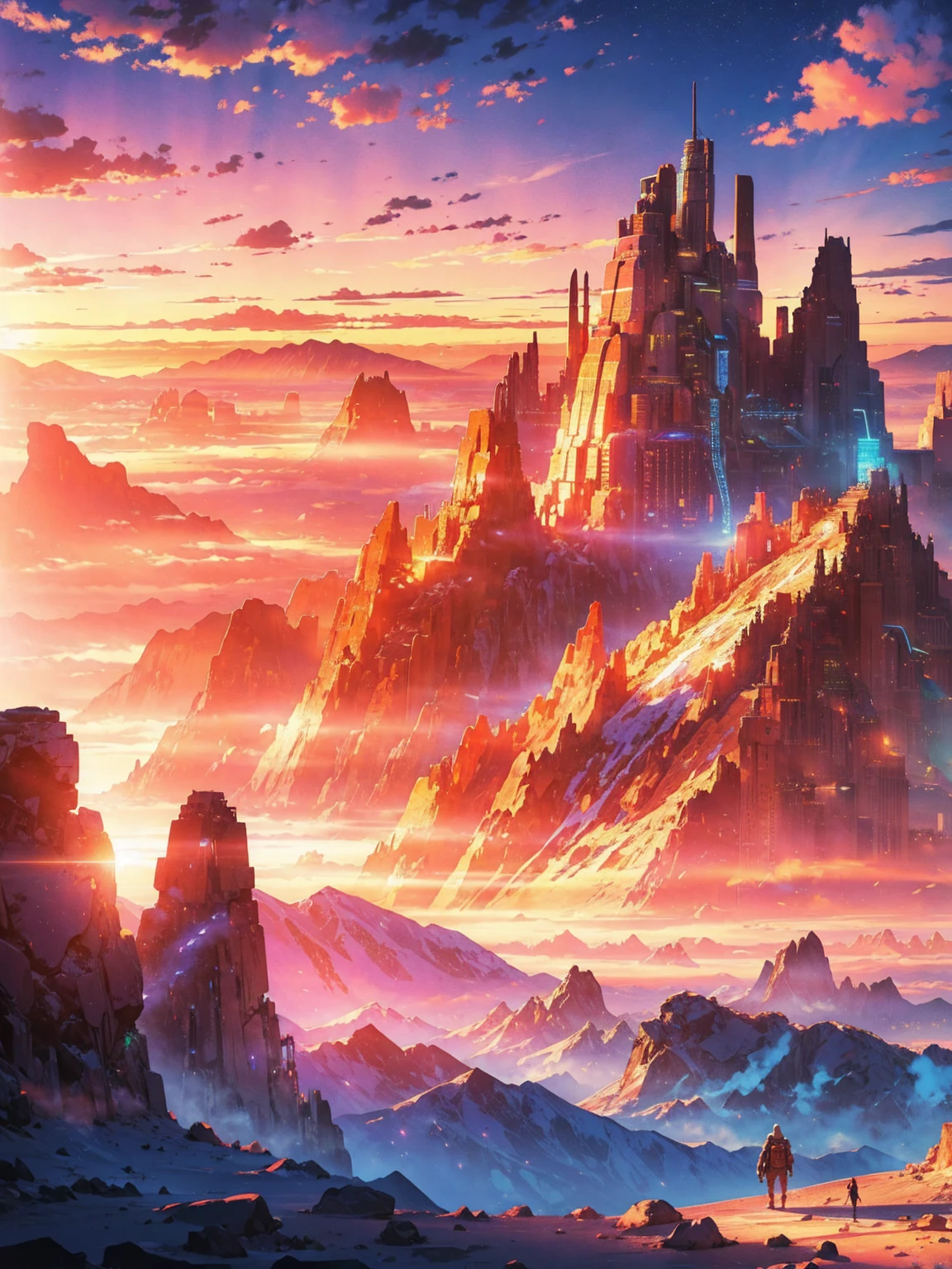 Mountain at sunset, a futuristic city in the desert as background, low clouds cover mountain, realistic+high intricate details, colorful clothing, full bodies, 16k.