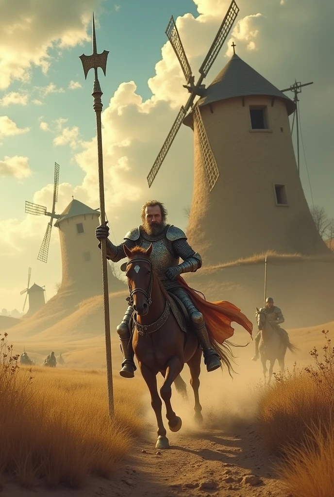 Don Quixote, a knight in armor, fight against giants, They look giant in one half of the image and with a blur, windmills appear in the other half.