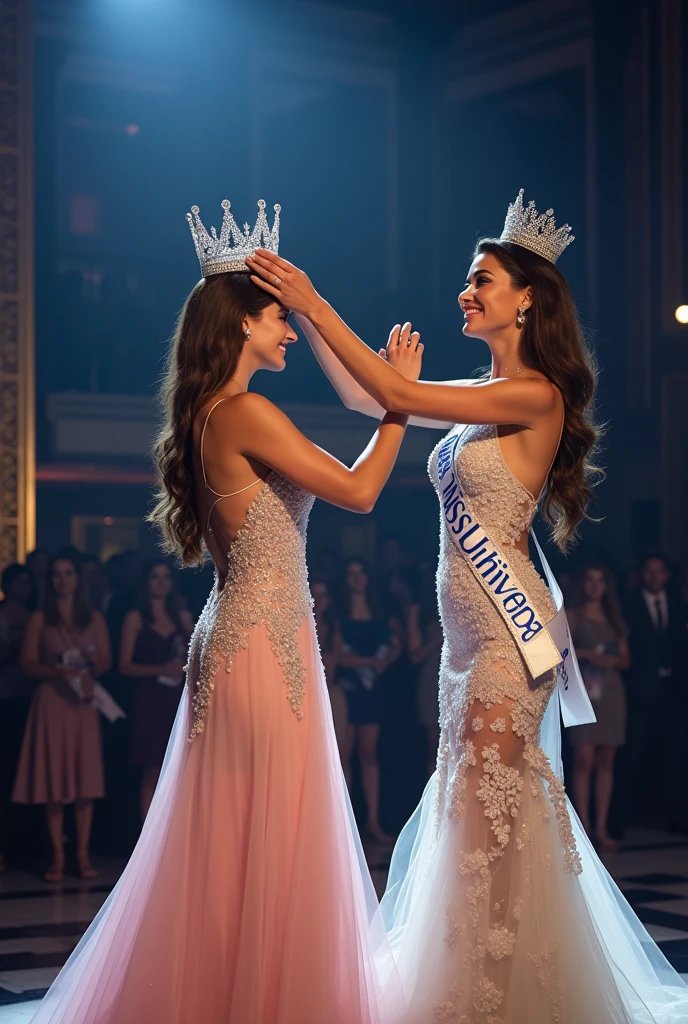 The reigning put the crown from behind her on the new miss Universe and sash. Wear evening gown. The winner full tears