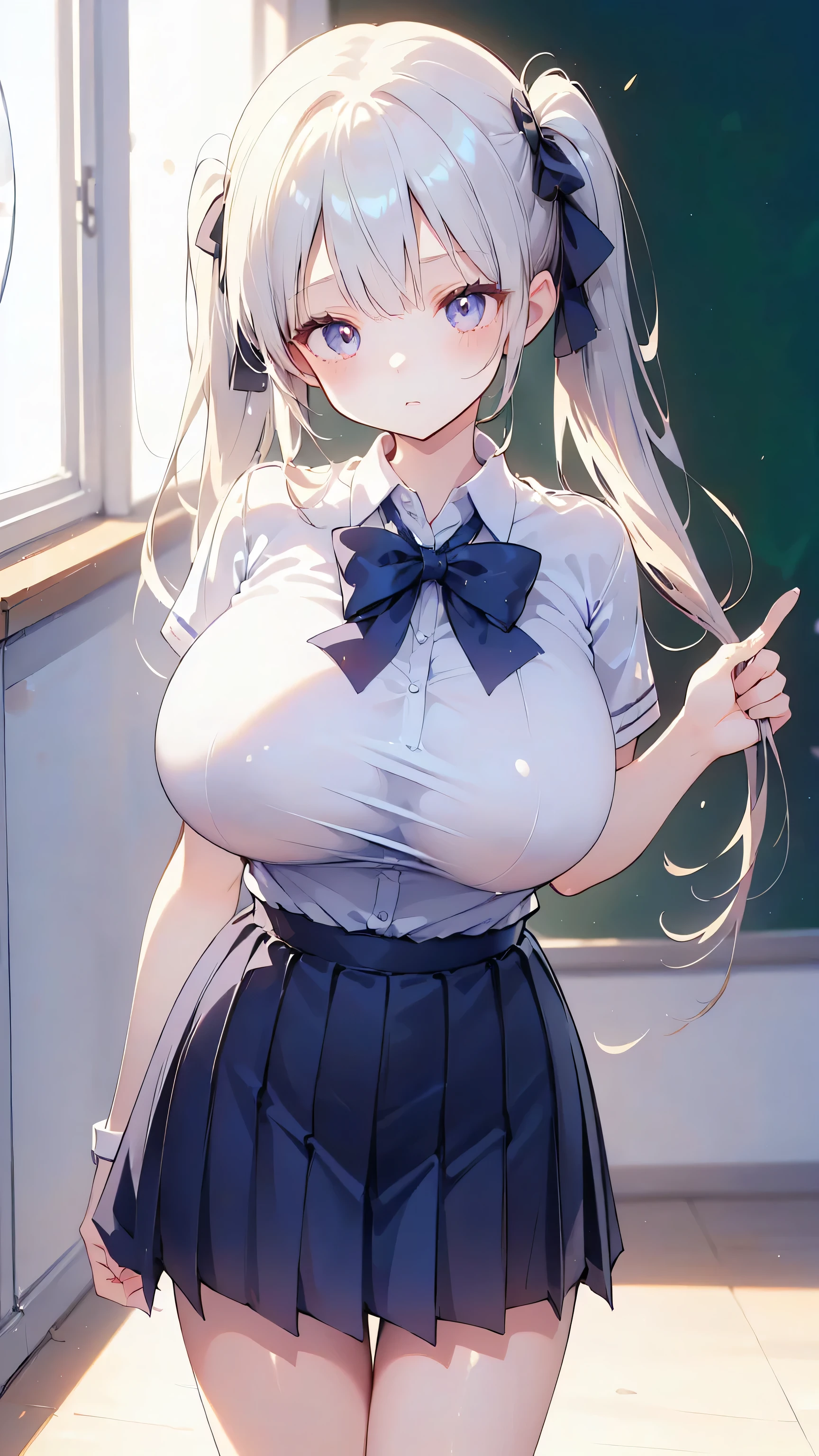 Ultra-high resolution, 8k,high quality,(Ultra-short stature,Gargari body,cowboy shot , ((no hat:1.3))),Slender,Cute hairstyle,(from top),(iridescent light,soft shadow,Anime Painting,thin line drawing),((((super enormous cartoon-like tits,school uniform、Twin tails、Girl、)))),