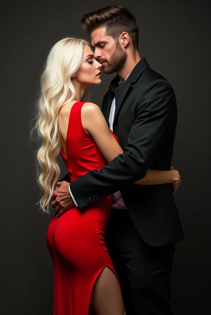 A beautiful blonde woman with long, almost white hair and light blue eyes, 1.70 m tall, dressed in a red dress with a slit on the leg. Behind her is a man hugging her. He has black hair and black eyes and 1,90 tall and has a beard. The man is wearing a black three-piece suit.