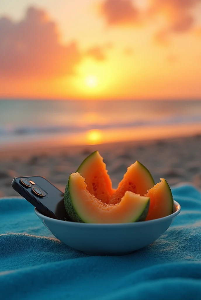 (photorealism:1.2), small bowl of melon with black iphone 15 on blue beach towel at sunset