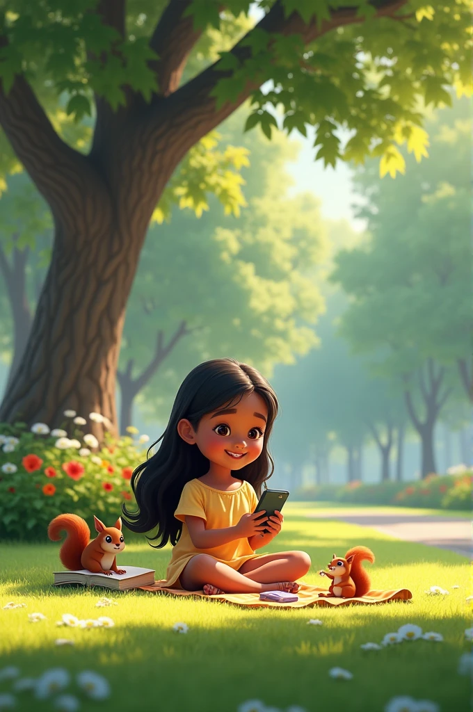 A girl is sitting in the park playing games on the phone. The girl's name is Afroza