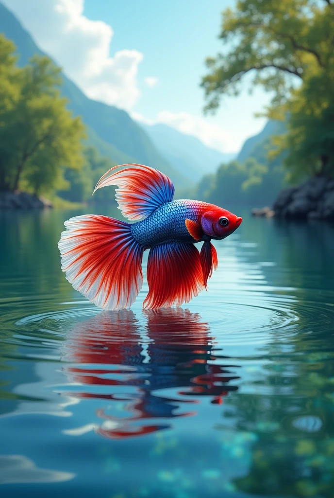 A RED BLUE AND WHITE BETTA FISH IN A BEAUTIFUL LAKE