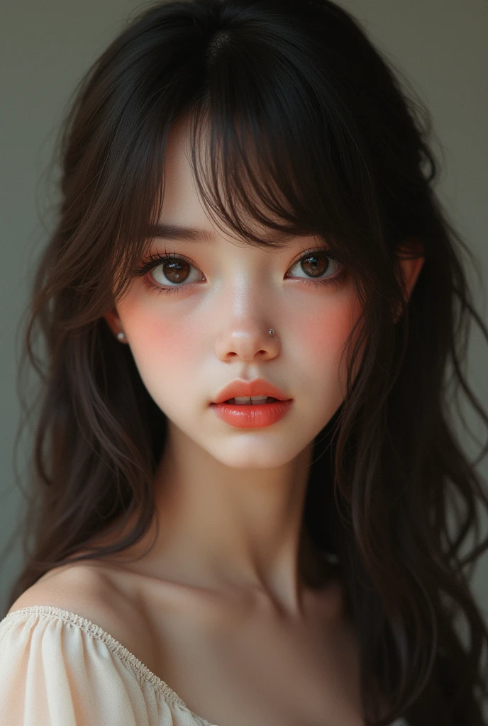 A brunette girl with black hair, straight hair, dark and medium-large eyes, beautiful eyelashes