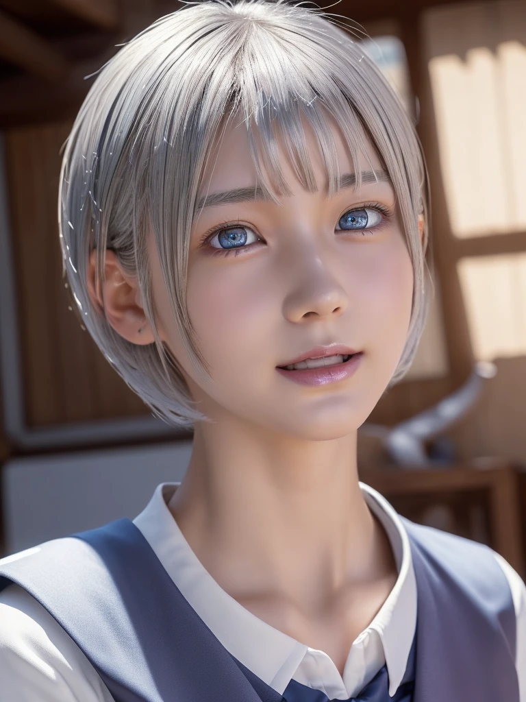 NSFW,Correct human anatomy、(a ultra cute beautiful girl wearing highschool uniform:1.5),(charming smile:1.25),large clear light blue eyes,droppy eyes,balanced eyes,transparent white skin,(silver short hair:1.5),photorealistic, 8k, ultra-detailed, masterpiece, realistic, vivid colors, beautiful detailed eyes, beautiful detailed lips, extremely detailed face, intricate details, hyper realistic, cinematic lighting, dramatic shadows, stunning composition, intense atmosphere, highly detailed skin, exquisite facial features, volumetric lighting, raytraced global illumination, physically-based rendering, professional digital art,high resolution fix,(sexual climax:1.75)