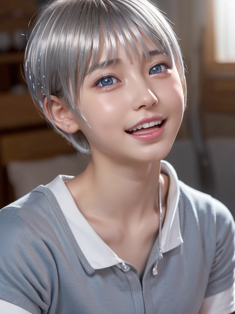 NSFW,Correct human anatomy、(a ultra cute beautiful girl wearing highschool uniform:1.5),(charming smile:1.25),large clear light blue eyes,droppy eyes,balanced eyes,transparent white skin,(silver short hair:1.5),photorealistic, 8k, ultra-detailed, masterpiece, realistic, vivid colors, beautiful detailed eyes, beautiful detailed lips, extremely detailed face, intricate details, hyper realistic, cinematic lighting, dramatic shadows, stunning composition, intense atmosphere, highly detailed skin, exquisite facial features, volumetric lighting, raytraced global illumination, physically-based rendering, professional digital art,high resolution fix,(sexual climax:1.75)