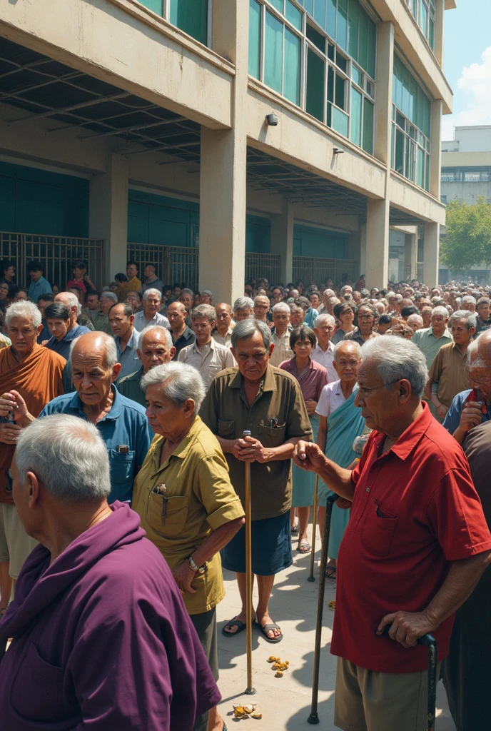 Hundreds of elderly Thai people sit outside a hospital room waiting to receive medicine, looking chaotic.