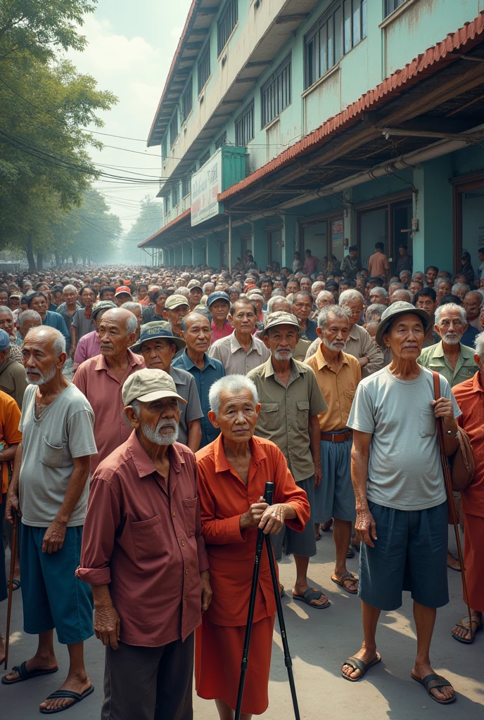 Hundreds of elderly Thai people sit outside a hospital room waiting to receive medicine, looking chaotic.