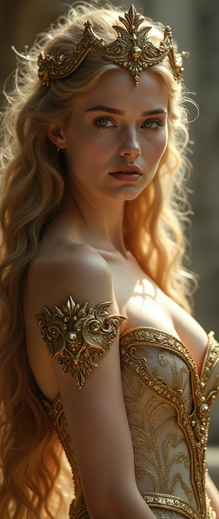 dragon queen, blonder woman, very beautiful with European features, dominant woman, diva, magestosa,