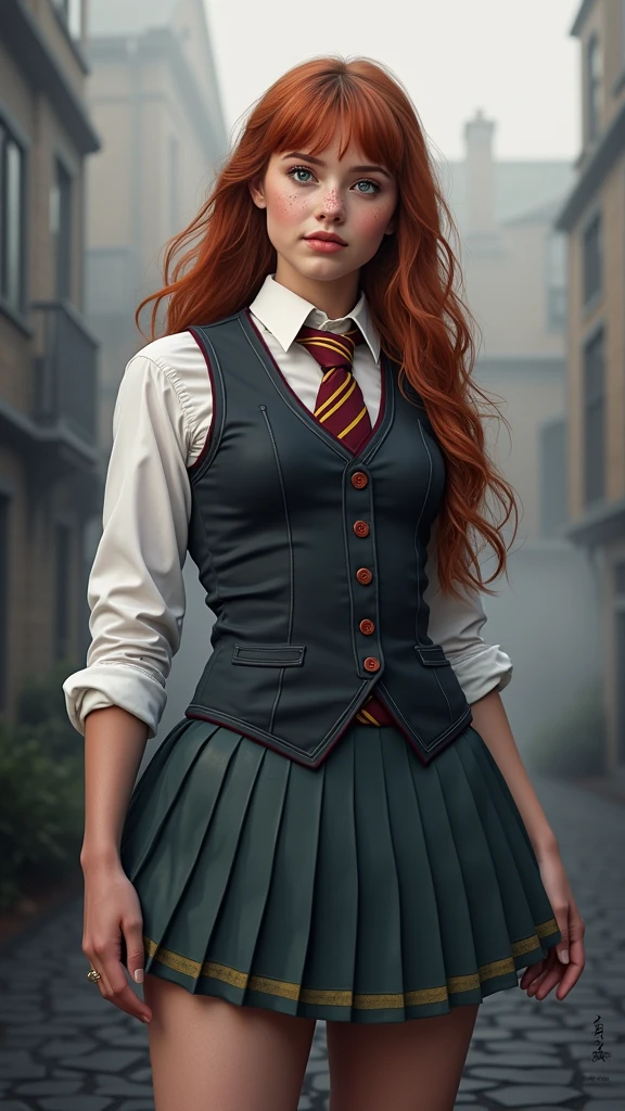 An illustrated movie poster, hand-drawn, full color, a teenage Hogwarts student, 18-years-old, female, wearing a charcoal vest and a pleated skirt, athletic hourglass figure, full wide hips, massive round butt, long shapely legs, ridiculously thick powerful thighs, vibrant eyes, deep dark auburn hair, thick shaggy bangs, flushed sun-kissed complexion, freckles, resembles Genevieve O'Reilly, standing in a foggy Hogwarts courtyard, surrounded by mist, graphite shading, stencil marks, airbrushed acrylic paint, masterpiece, close-up shot, in the style of the Deathly Hallows, high quality, (RAW photo, best quality), (realistic, photorealistic: 1.4), (extremely delicate and beautiful: 1.4), amazing, fine details, masterpiece, ultra detailed, high resolution, best illustration, best shadow, intricate, ( extremely intricate: 1.2), (exquisitely detailed skin), cinematic light, perfect anatomy, (cool color: 1.4), sharp focus, 8k UHD, DSLR, (Fujifilm XT3),(iluminación cinematográfica :1.4), ((skirt tug, wind lift)), (skirt tug, wind lift:1.4), (pink panties)